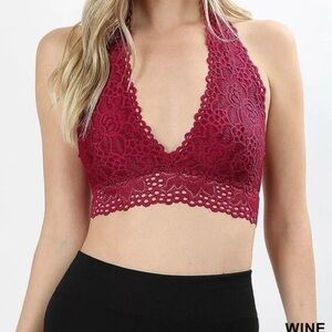 Zenana Women's Lace Halter Bralette Burgundy XL